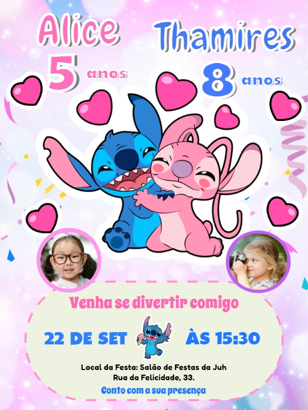 Convite Aniversário Duplo Stitch e Angel com Foto para Editar