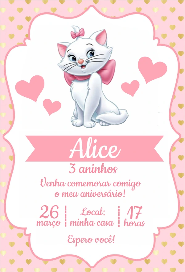 Convite Aniversário Gatinha Marie Rosa para Editar Online