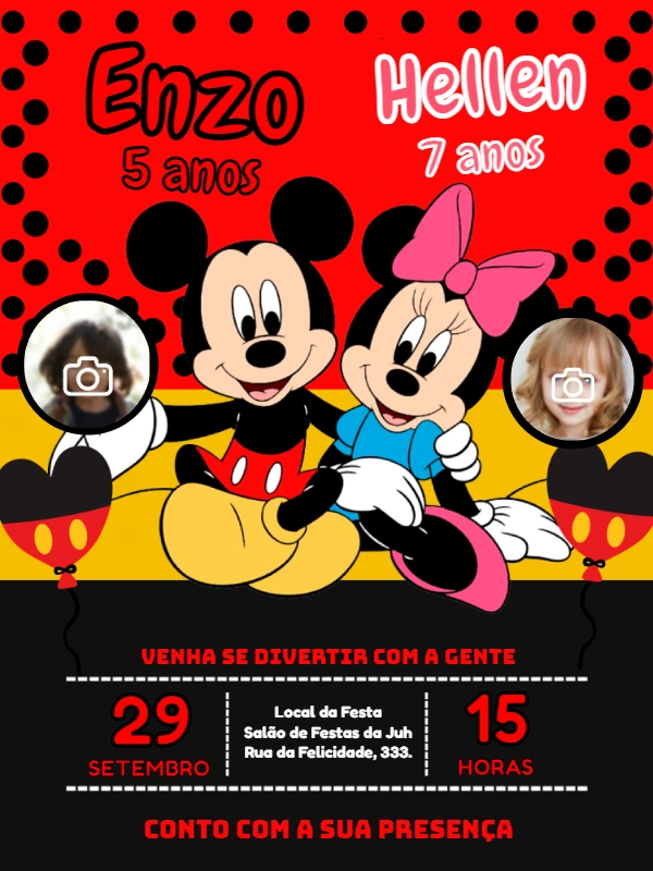 Convite Aniversário Duplo Mickey e Minnie com Foto para Editar