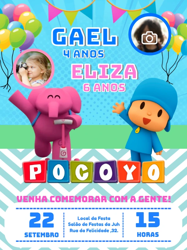 Convite Aniversário Duplo Pocoyo com Foto para Editar Online