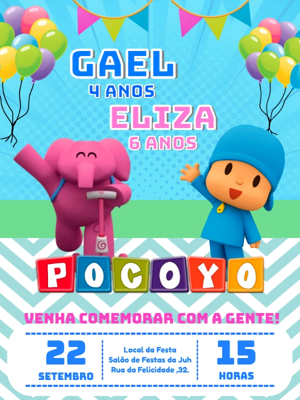 Convite Aniversário Duplo Pocoyo e Elly para Editar Online