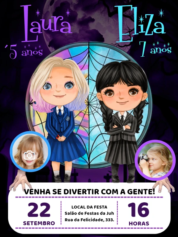Convite Aniversário Duplo Wandinha e Enid com Foto para Editar