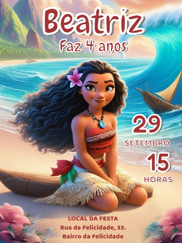 Convite de Aniversário Moana para Editar e Imprimir Online