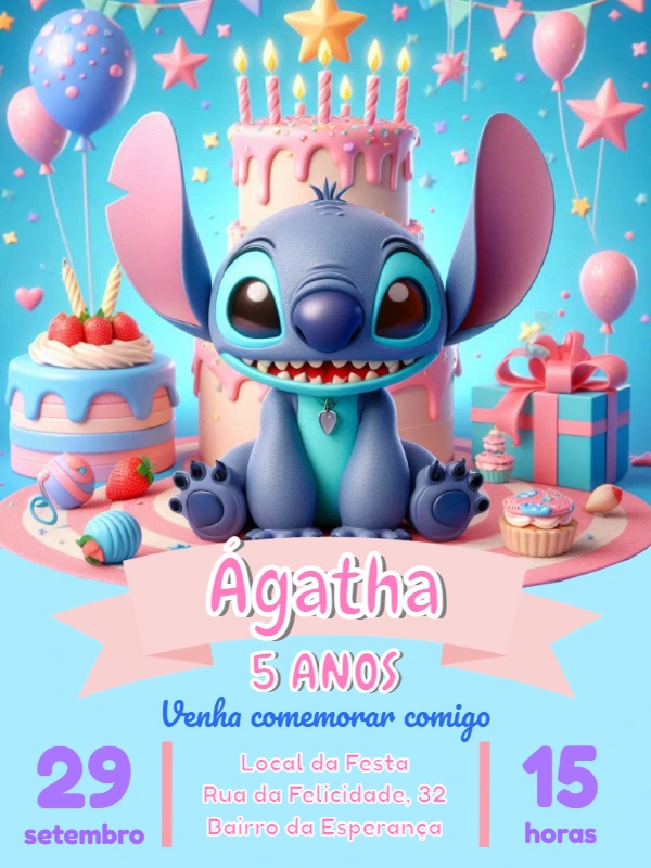 Convite de Aniversário Stitch Fofo para Editar Online