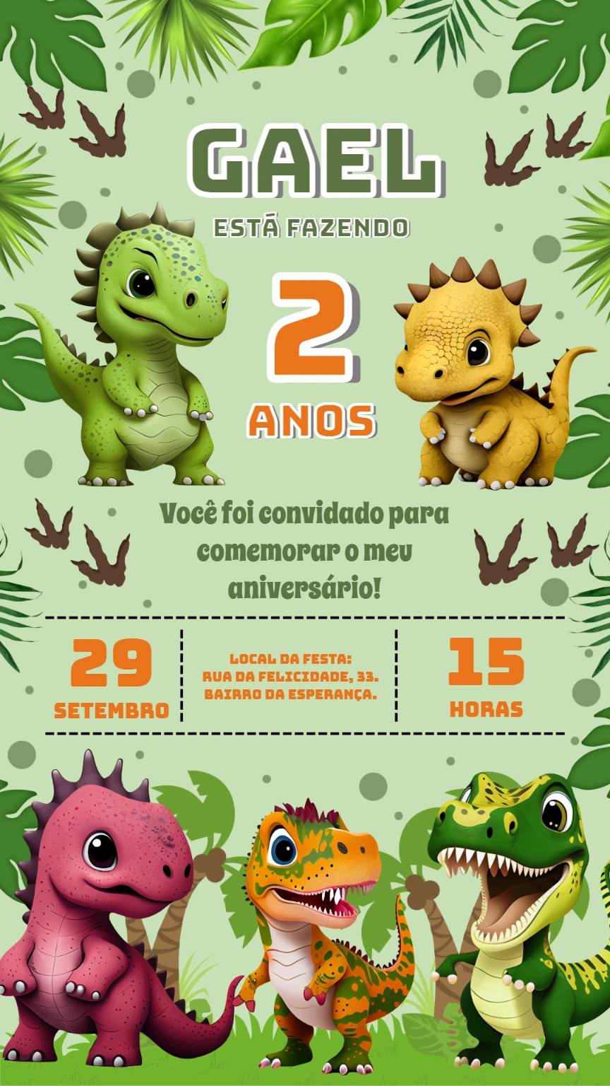 Convite Aniversário Dinossauro Baby para Editar Online