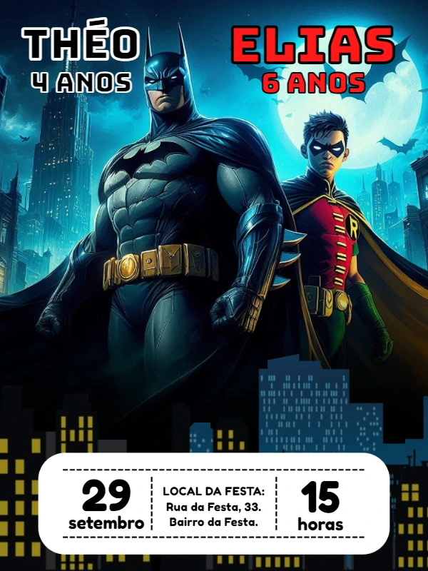 Convite Aniversário Duplo Batman e Robin para Editar Online