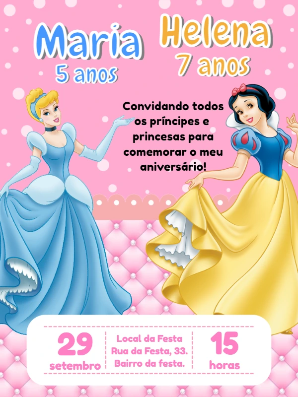 Convite Aniversário Duplo Cinderela e Branca de Neve para Editar