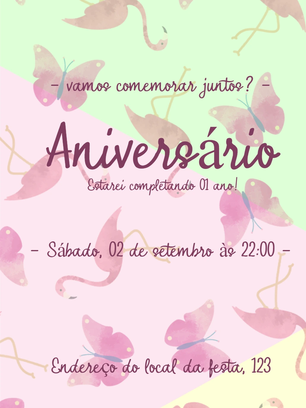 Convite de Aniversário Flamingos e Borboletas para Editar Online