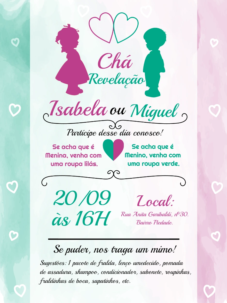 Convite Chá Revelação Lilás e Verde com Silhuetas para Editar