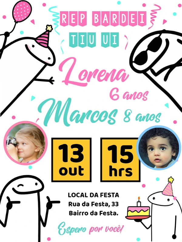 Convite Aniversário Duplo Flork com Foto para Editar Online
