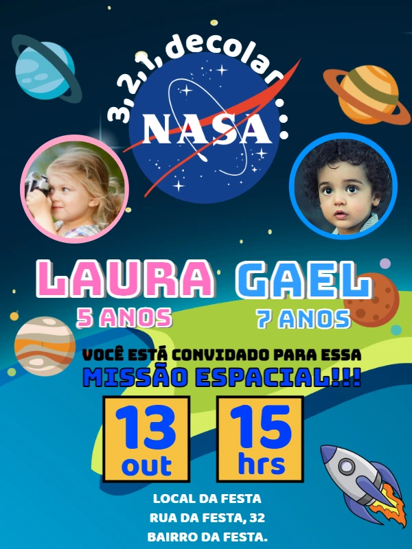 Convite Aniversário Duplo Nasa com Foto para Editar Online