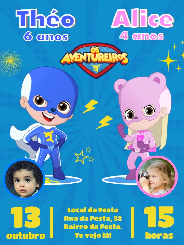 Convite Aniversário Duplo Aventureiros com Foto para Editar Online