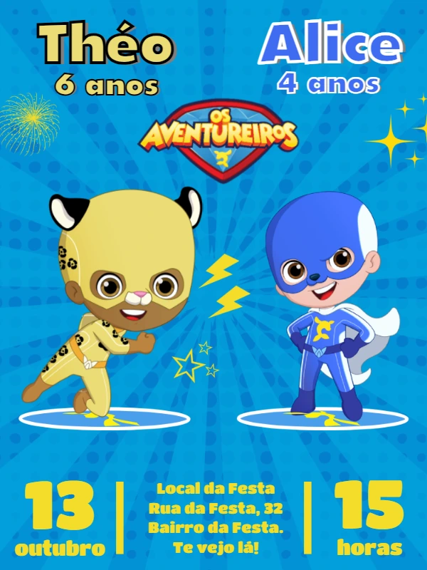 Convite Aniversário Duplo Aventureiros para Editar Online