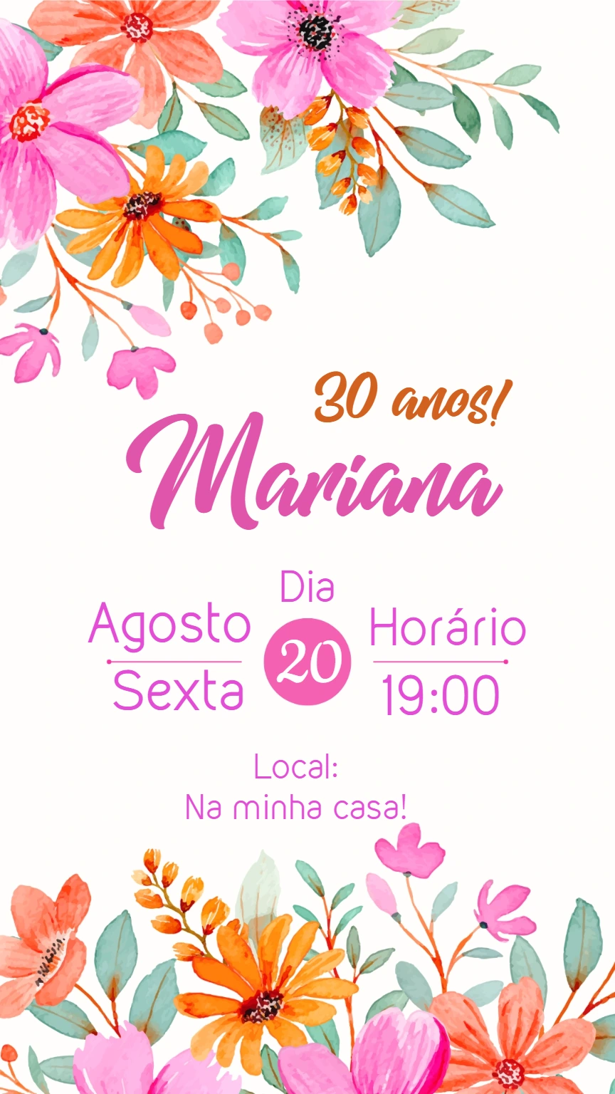 Convite de Aniversário Floral Aquarela para Editar Online