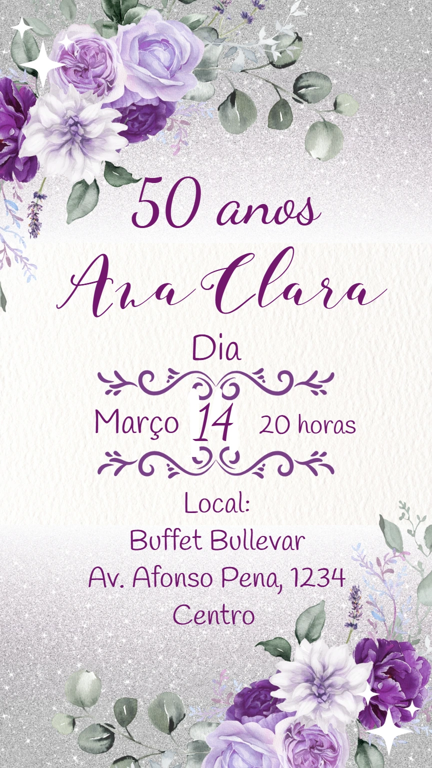 Convite Aniversário 50 anos Floral Lilás para Editar Online