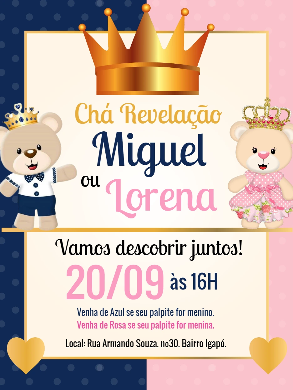 Convite Chá Revelação Ursinhos Príncipe e Princesa para Editar