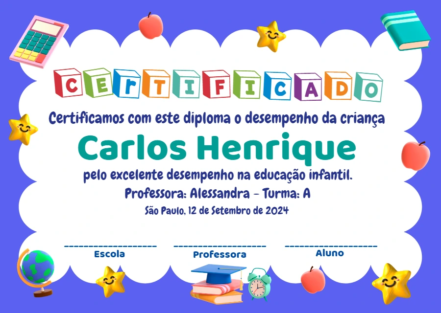 Certificado Escolar Infantil Colorido para Editar Online