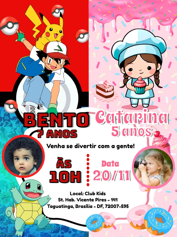 Convite Aniversário Duplo Pokémon e Confeiteira para Editar