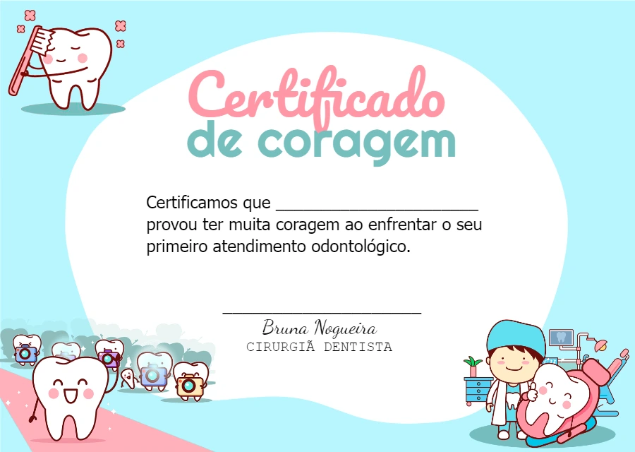 Certificado de Coragem Infantil para Dentista Editável Online