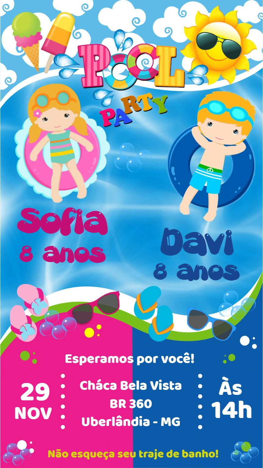 Convite Aniversário Duplo Pool Party para Editar Online