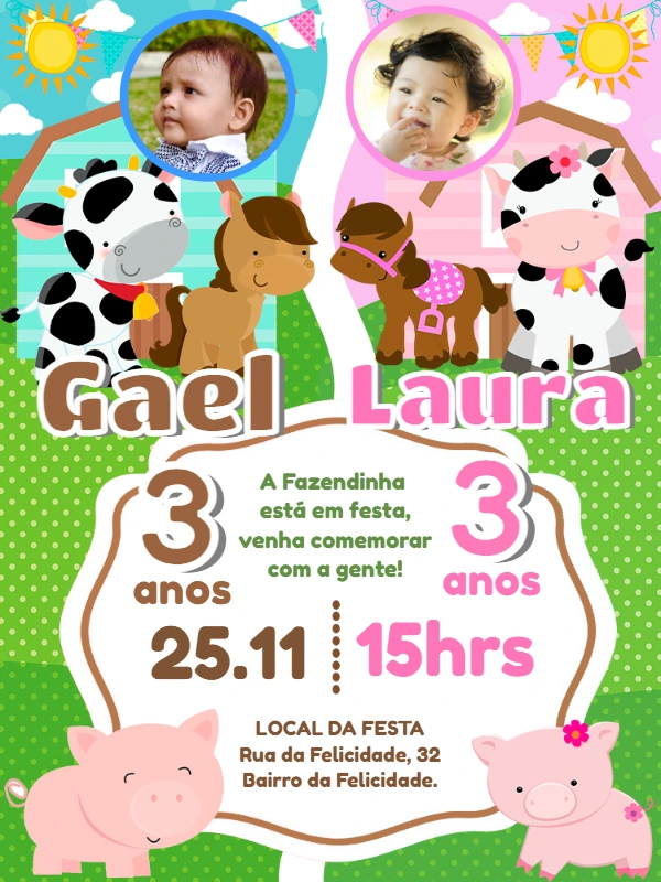 Convite Aniversário Duplo Fazendinha com Foto para Editar