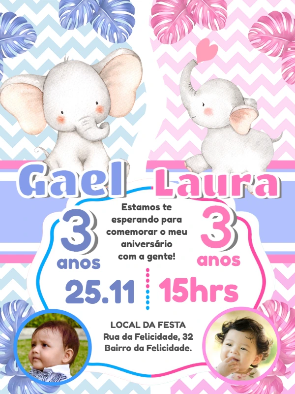 Convite Aniversário Duplo Elefantes Azul e Rosa para Editar