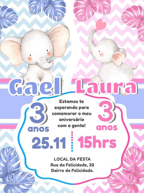 Convite Aniversário Duplo Elefantinhos Azul e Rosa para Editar