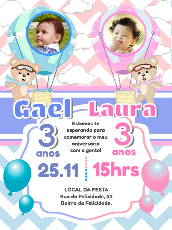 Convite Duplo Ursinho Baloeiro com Foto Editável Online