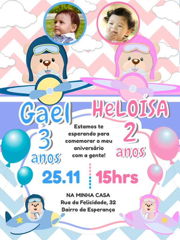 Convite Aniversário Duplo Ursinhos Aviadores com Foto para Editar