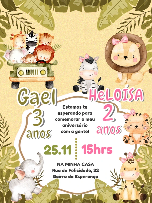 Convite Aniversário Duplo Safari com Animais para Editar Online