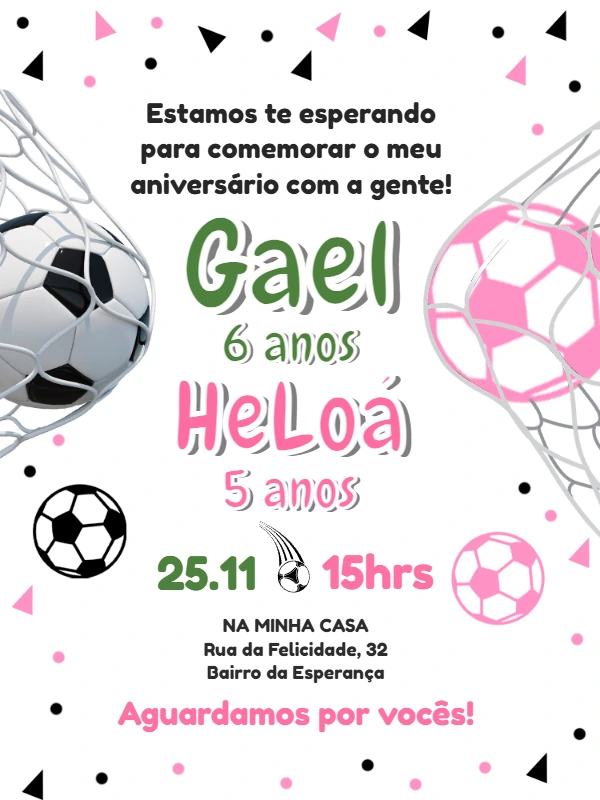 Convite Aniversário Duplo Futebol Menino e Menina para Editar