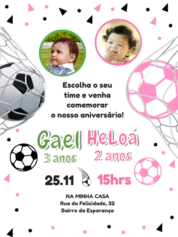 Convite Aniversário Duplo Futebol com Foto para Editar Online