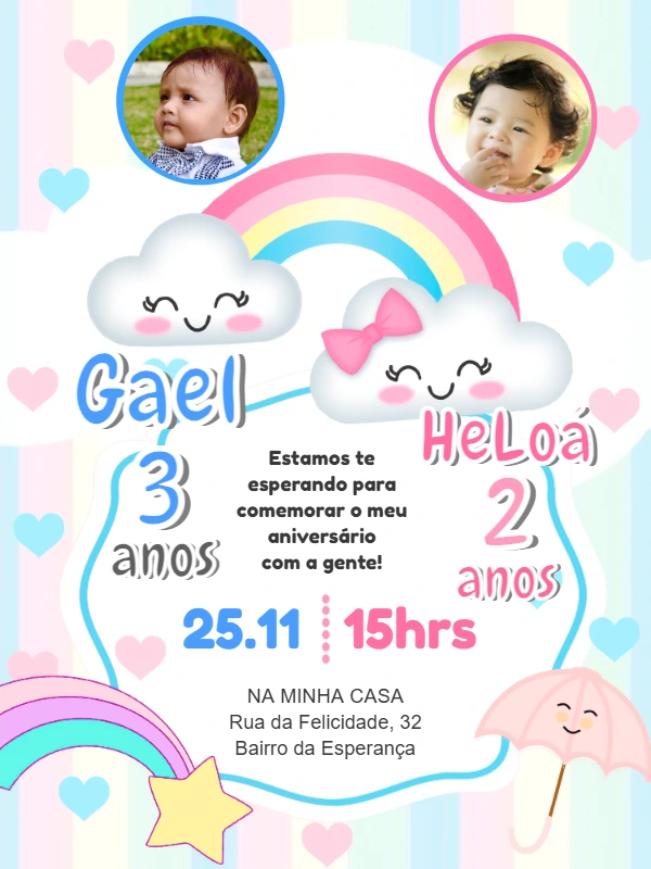 Convite Aniversário Duplo Chuva de Bençãos com Foto para Editar