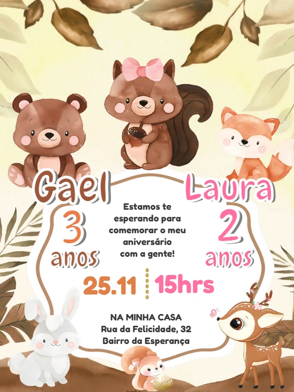 Convite Aniversário Duplo Bosque Encantado para Editar Online
