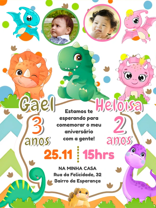 Convite Aniversário Duplo Dinossauro com Foto para Editar Online