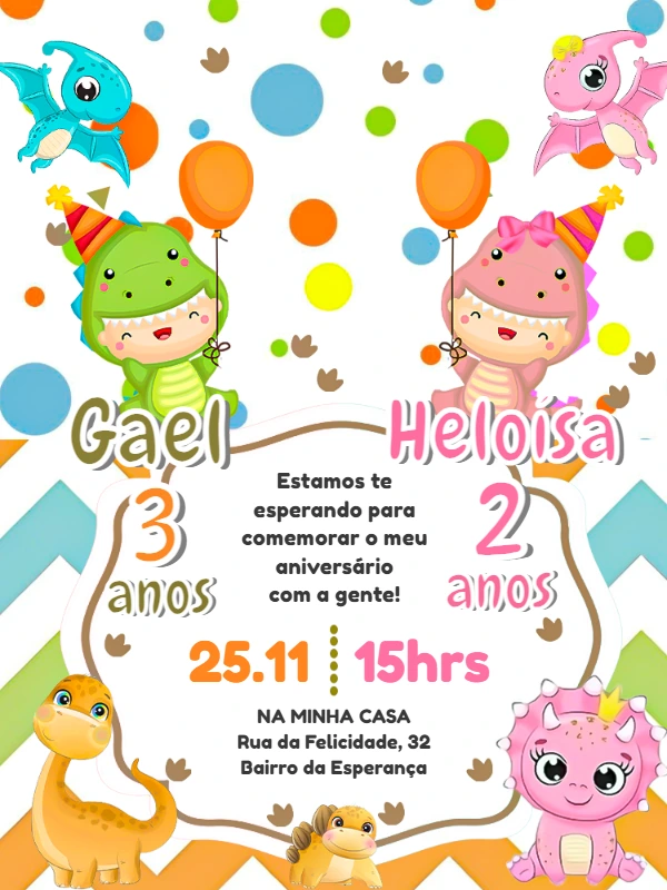 Convite Aniversário Duplo Dinossauro Baby para Editar Online
