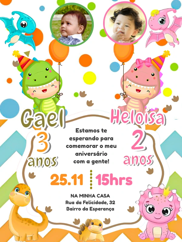 Convite Aniversário Duplo Dinossauro Baby com Foto para Editar