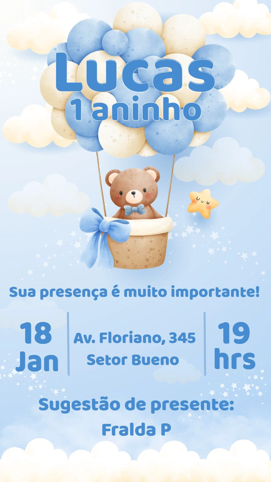 Convite Aniversário Ursinho Baloeiro para Editar Online
