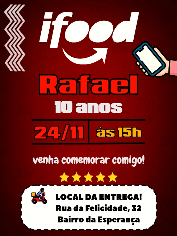 Convite Aniversário Tema Ifood para Editar Online e Imprimir