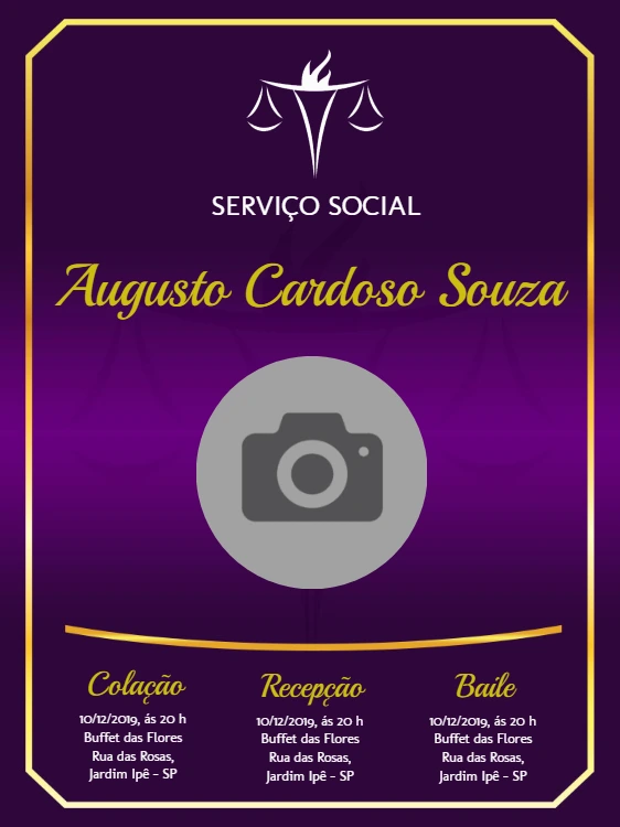 Convite Formatura Serviço Social com Foto para Editar Online