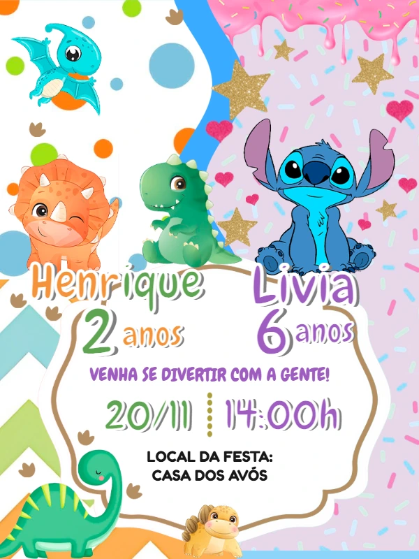 Convite Aniversário Duplo Dinossauro e Stitch para Editar Online