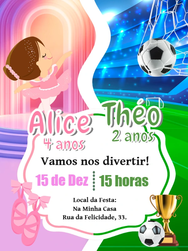 Convite Aniversário Duplo Bailarina e Futebol para Editar Online