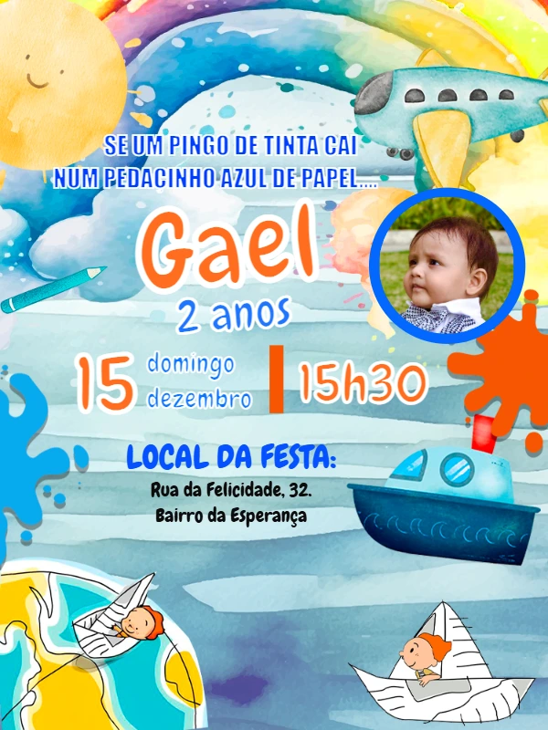 Convite Aniversário Aquarela com Foto para Editar Online