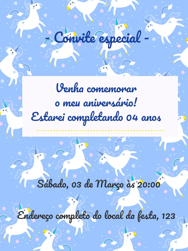 Convite de Aniversário Unicórnio para Editar Online