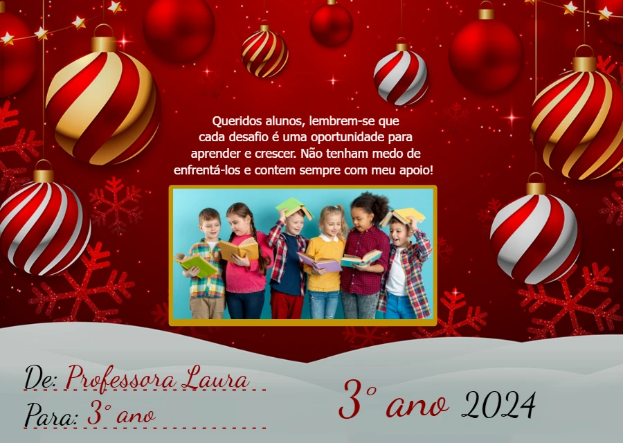 Cartão de Despedida Natalino para Alunos com Foto Editável
