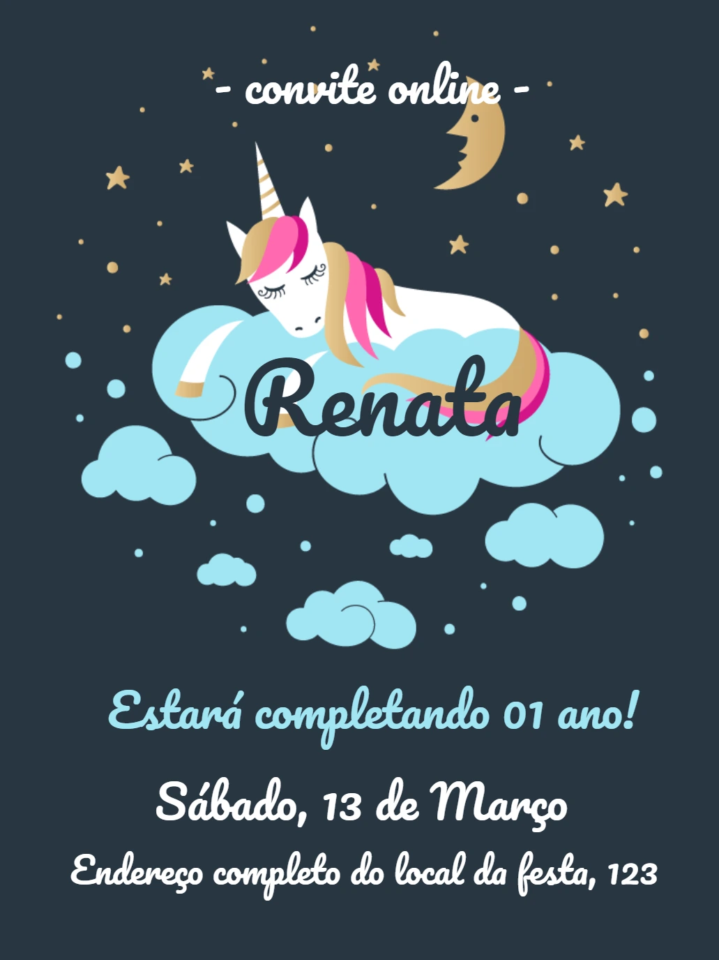 Convite de Aniversário Unicórnio Soninho para Editar Online