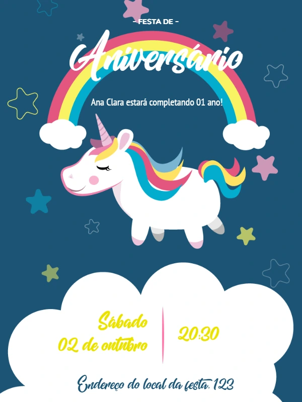 Convite de Aniversário Unicórnio Mágico para Editar Online