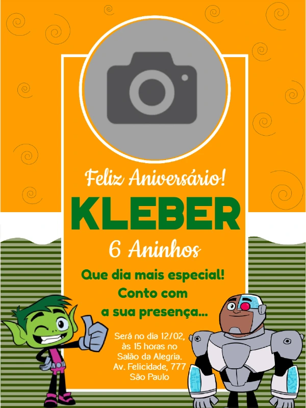 Convite Aniversário Jovens Titãs com Foto para Editar Online