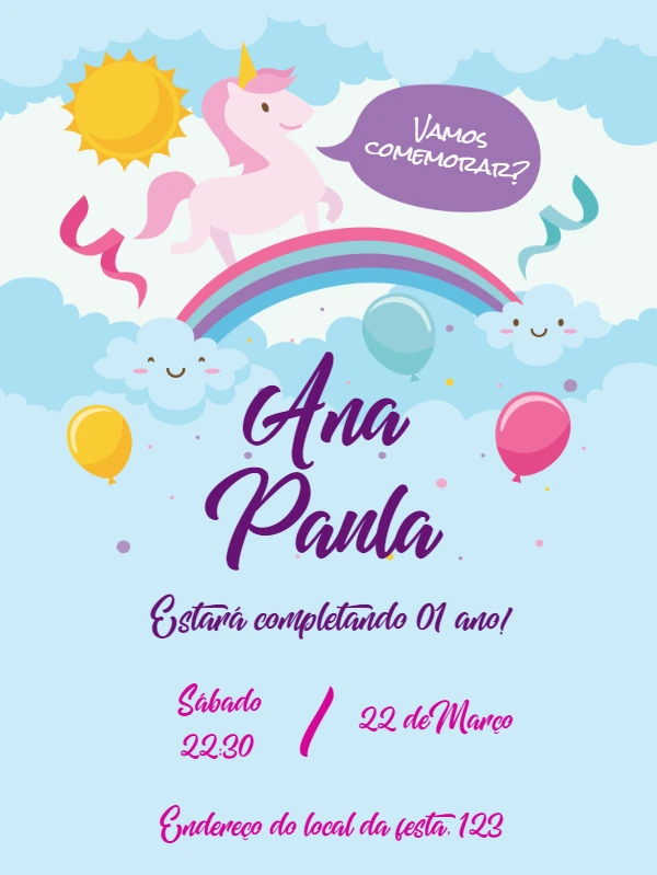 Convite de Aniversário Unicórnio Fofo para Editar Online
