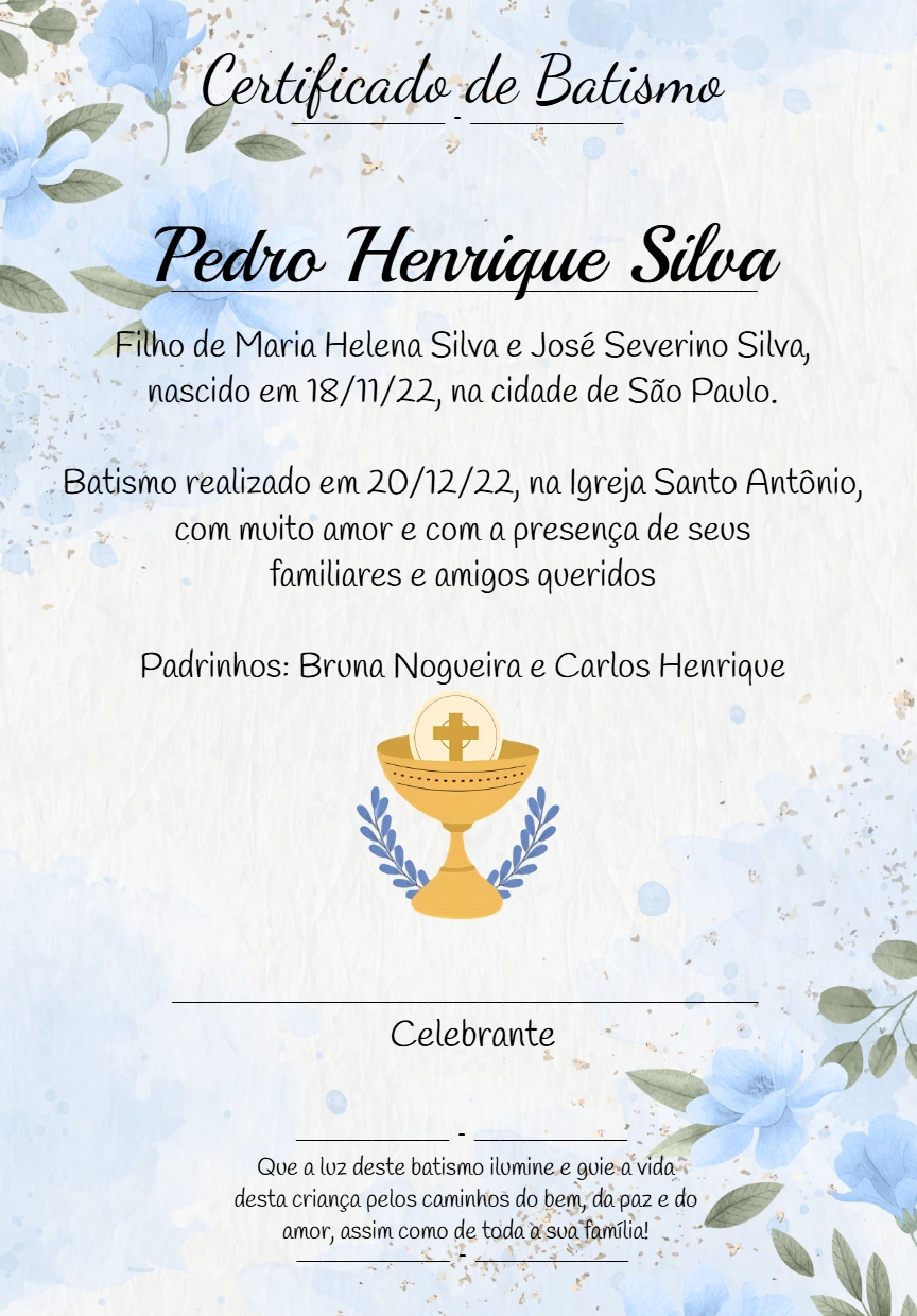 Certificado de Batismo com Flores Azuis para Editar Online
